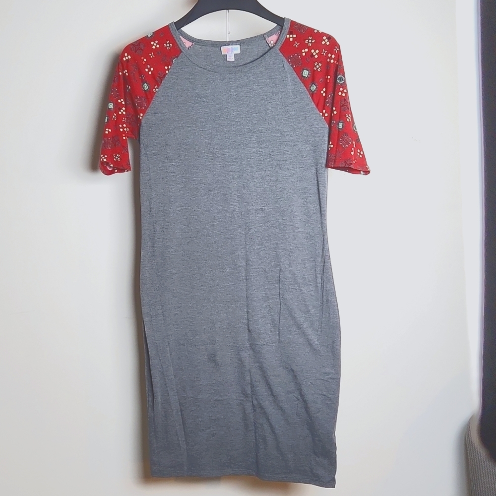 LuLaRoe Julia dress Gray with red sleeve Size-Med